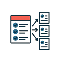 Icon of a checklist with three completed items, connected by arrows to three smaller documents, representing task distribution or workflow branching.