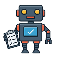 A cartoon robot in blue/gray and orange holds a clipboard with a checklist.