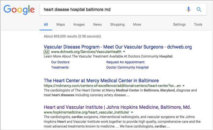 Figure 4: Google search with “heart disease hospital baltimore md” 
