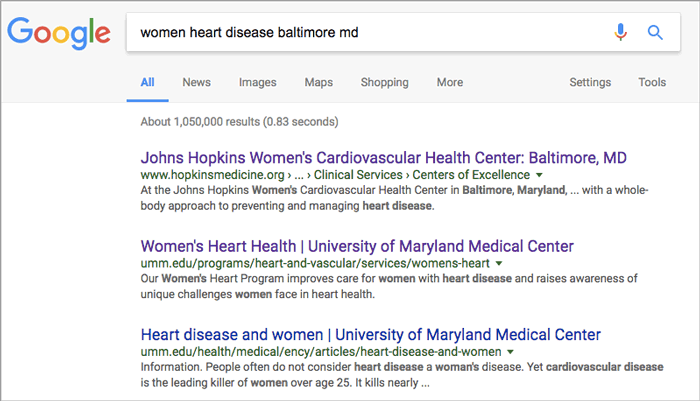 Figure 1: Google search with “women heart disease baltimore md” as key words