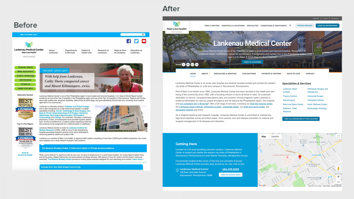 Before and after of Lankenau Medical Center page