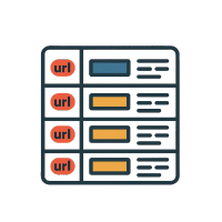 Icon of a vertical list showing rows labeled “url” on the left with boxes of text on the right, representing a table of web links or references.