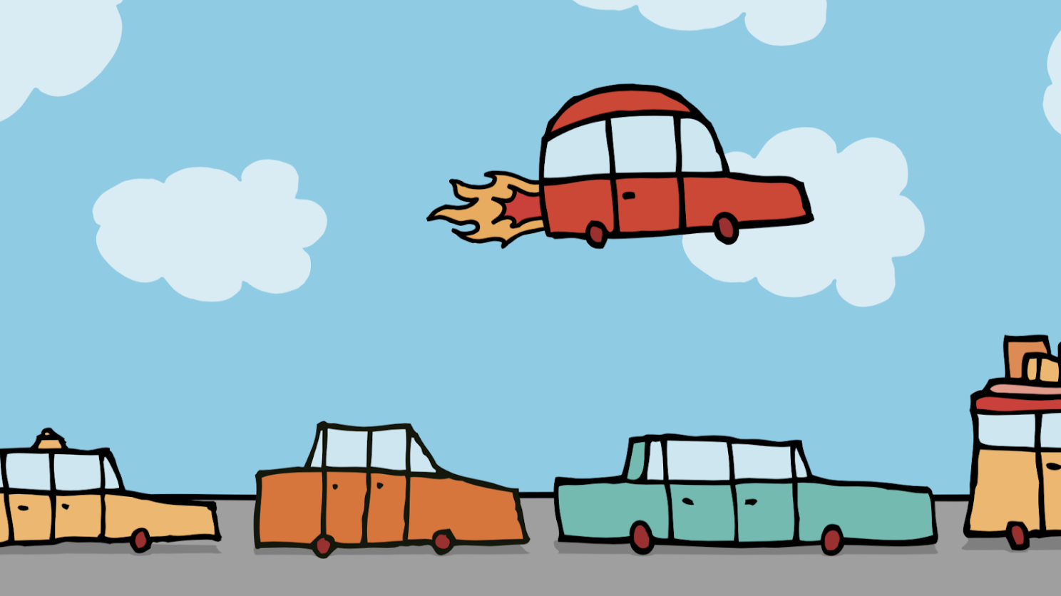 Illustration of red car with flames shooting out of the back, flying over line of cars on sunny roadway.