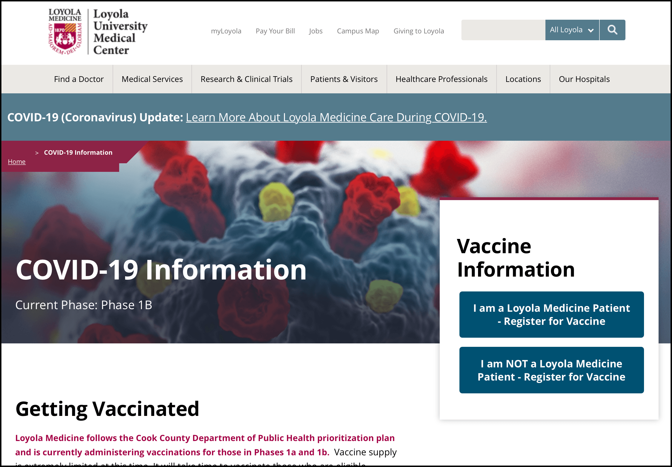 Screenshot of Loyola's COVID-19 information page with vaccine information