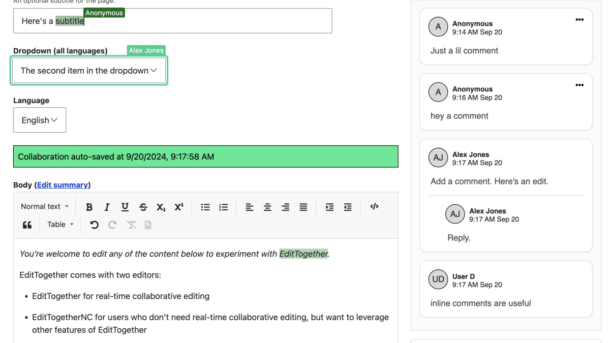 Screenshot of live collaboration on multiple fields in EditTogether