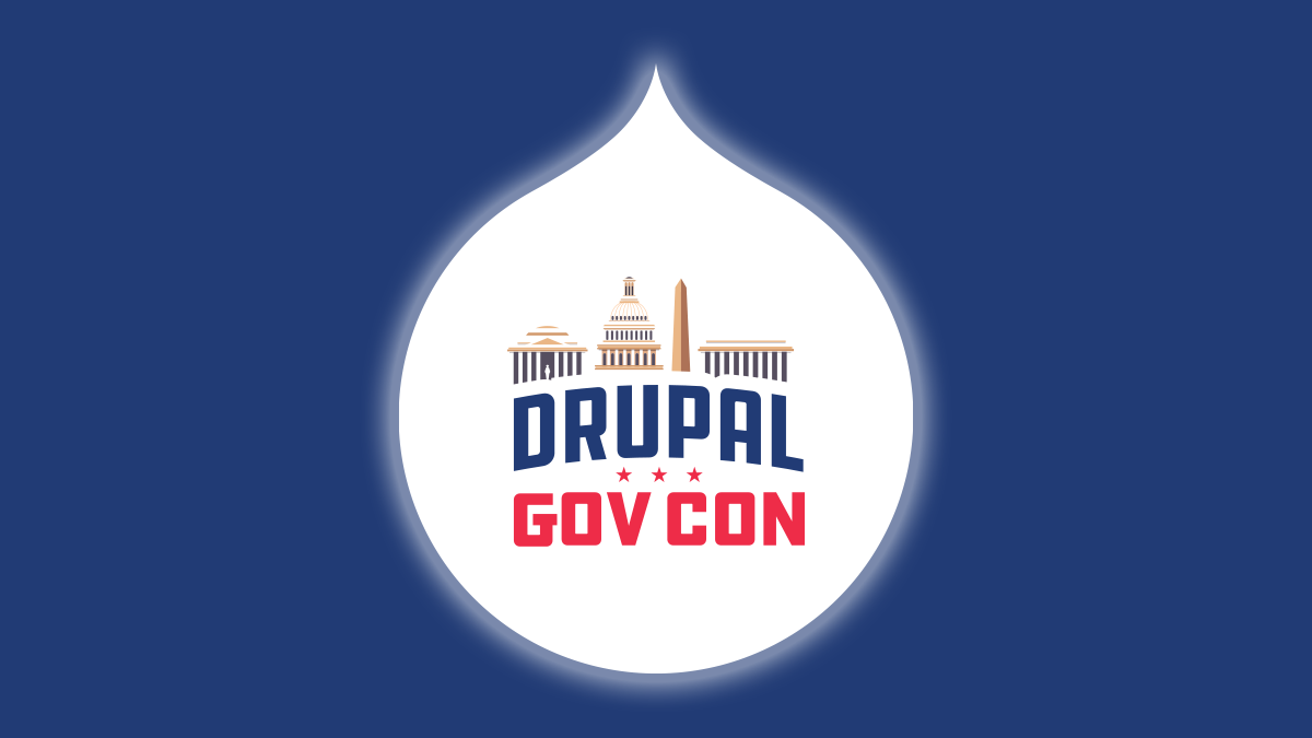 DrupalGovCon logo. The words "Drupal Gov Con" inside a white drop with images of Washington DC landmarks.