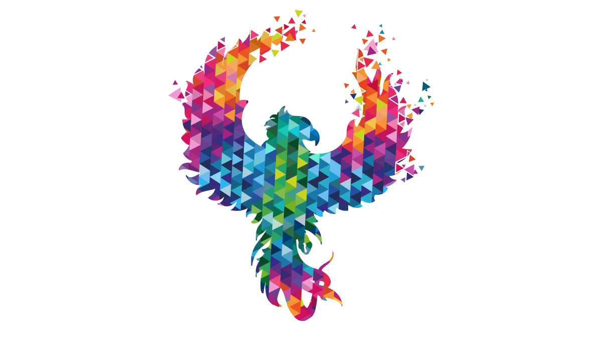 A vibrant, geometric phoenix made of multicolored triangles, with its wings spread wide. The edges of the wings break into smaller triangles, giving a sense of motion and transformation.