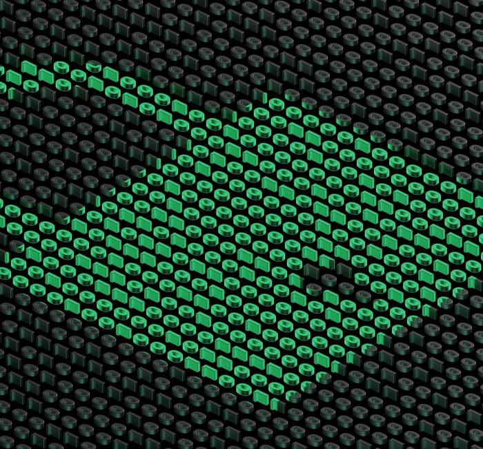 A green padlock made of pixelated blocks on a dark, textured background, symbolizing digital security or privacy