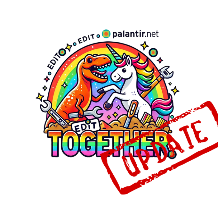 A cartoon dinosaur and unicorn stand side-by-side, holding tools, with a rainbow behind them and the text 'EDIT TOGETHER ' in a colorful, graffiti-style font below. A red stamp with 'UPDATE' diagonally across the bottom right corner.