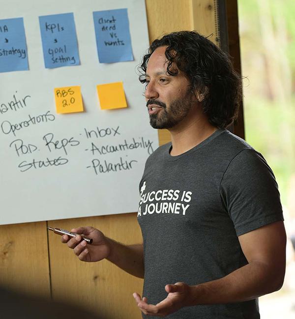 Profile view of a person holding a pen in his hand. He is wearing a tshirt that says, "Success is a Journey". On the wall behind him is a large white post-it sheet, with smaller post-it notes and writing in marker on it.