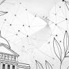 Black and white line drawing of a classic government building with a stylized network overlay