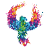 A vibrant, geometric phoenix made of multicolored triangles, with its wings spread wide. The edges of the wings break into smaller triangles, giving a sense of motion and transformation.