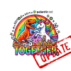 A cartoon dinosaur and unicorn stand side-by-side, holding tools, with a rainbow behind them and the text 'EDIT TOGETHER ' in a colorful, graffiti-style font below. A red stamp with 'UPDATE' diagonally across the bottom right corner.