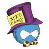 Illustration of the Druplicon with a purple top hat and a yellow tag that reads "MID CAMP .org". It has a white bowtie with yellow and purple spots.