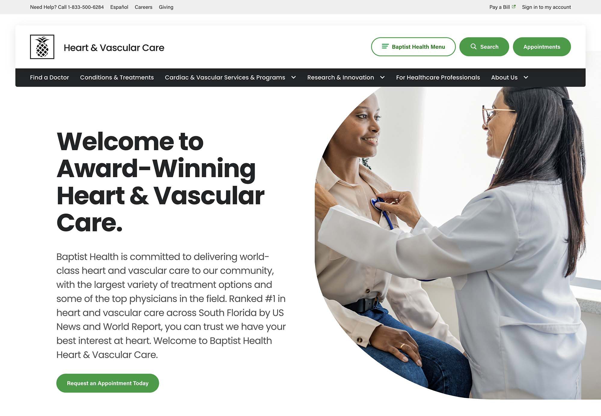 The Heart & Vascular Care landing page at Baptist Health highlights award-winning care, top physicians, and a variety of treatments. It mentions their #1 ranking in South Florida by US News and World Report.  A "Request an Appointment Today" button and a photo of a doctor examining a patient are featured.