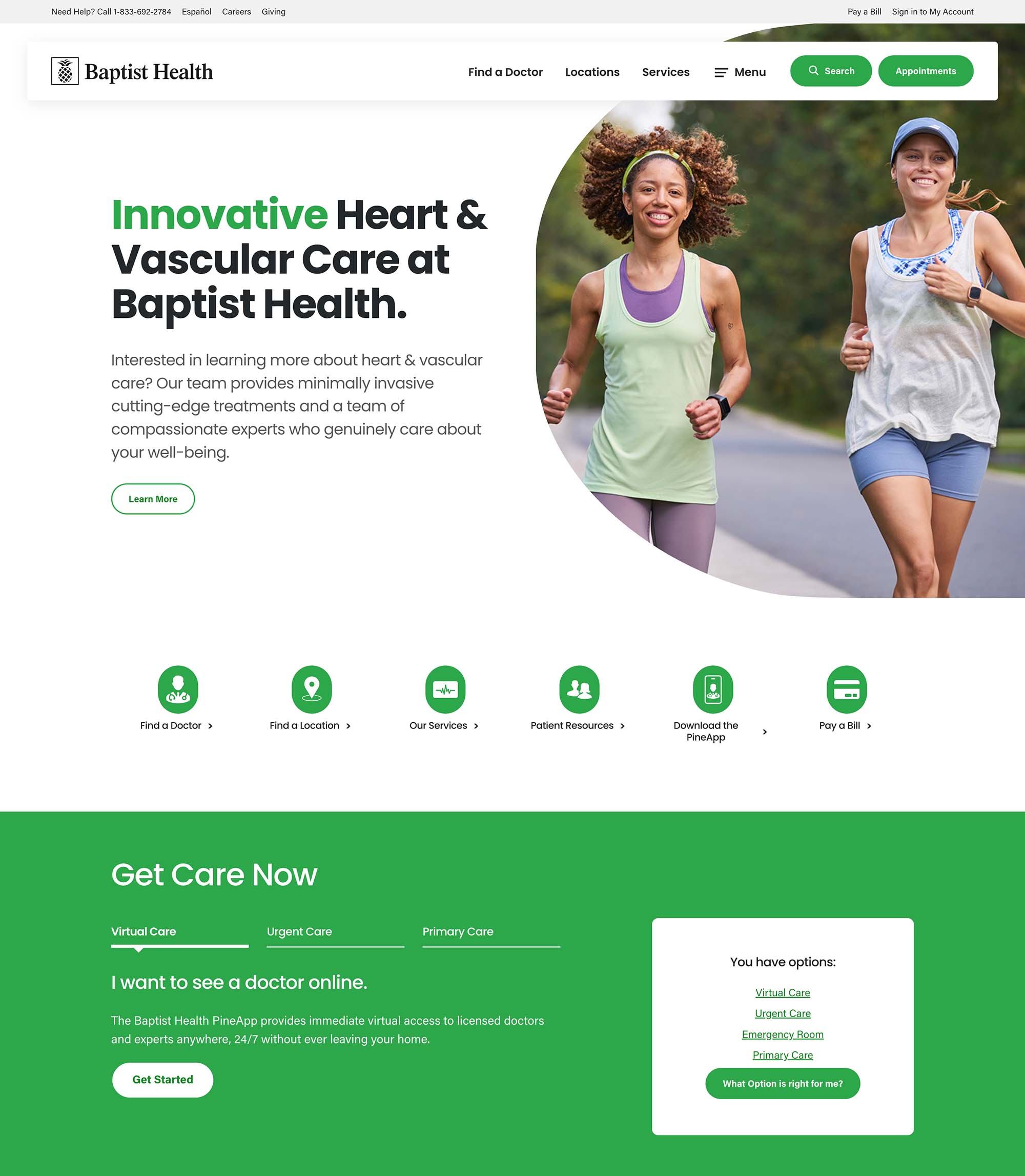 The Baptist Health homepage highlights "Innovative Heart & Vascular Care" with a photo of two women jogging. It mentions minimally invasive treatments and compassionate care. Quick links are provided for finding a doctor, location, services, patient resources, and downloading the PineApp. The bottom section promotes virtual care options with a "Get Started" button.