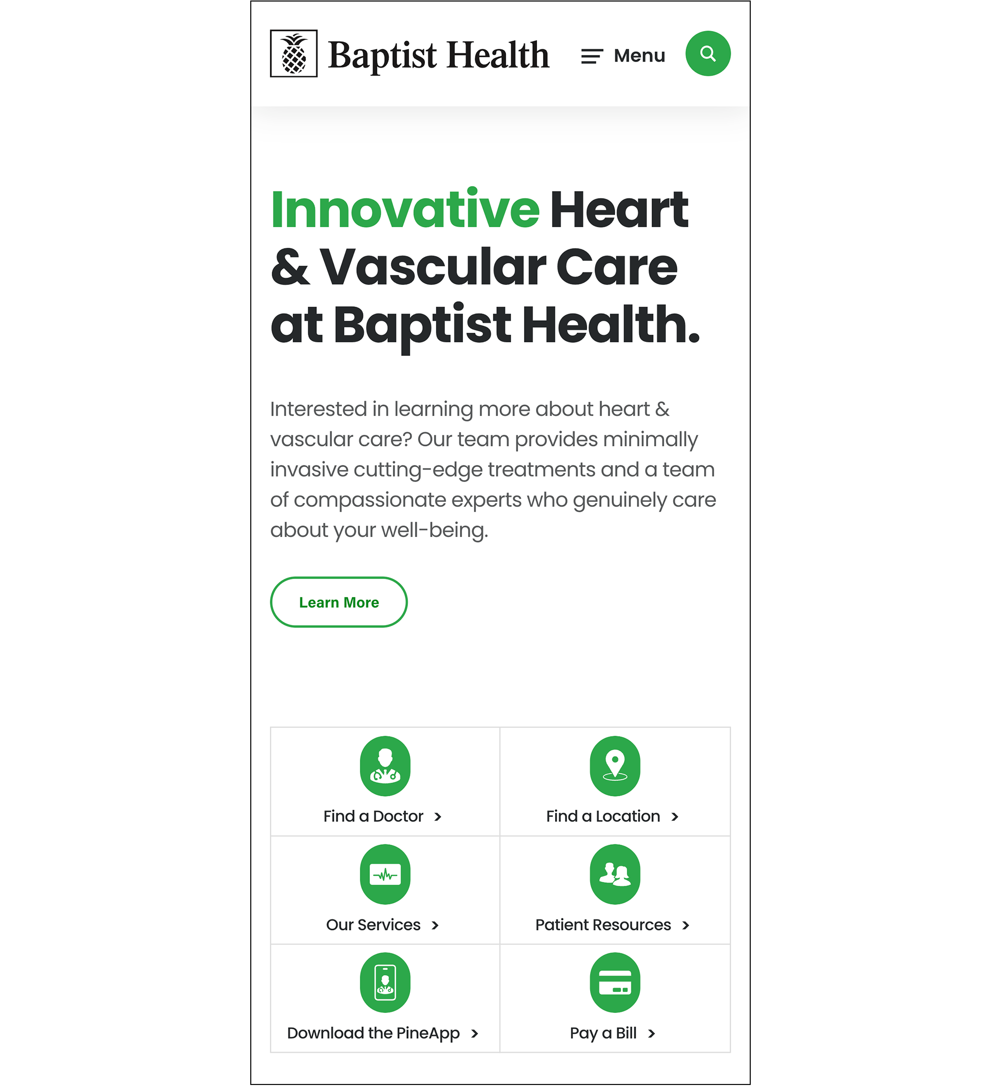 The mobile homepage of the Baptist Health website features a section titled "Innovative Heart & Vascular Care at Baptist Health." It highlights minimally invasive treatments and compassionate care. Below this, quick access icons are provided for finding a doctor, location, services, patient resources, downloading the PineApp, and paying a bill. A "Learn More" button is also included.