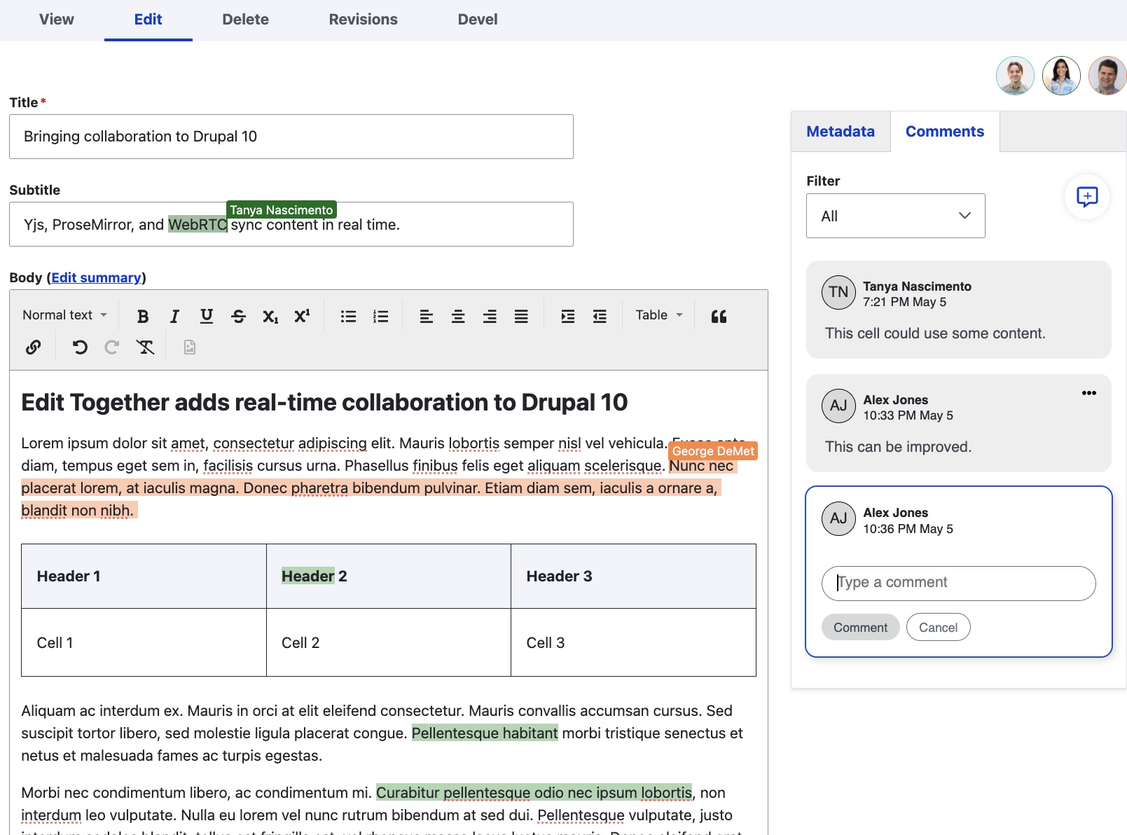 a screenshot of the Drupal CMS edit window with Edit Together providing collaborative features