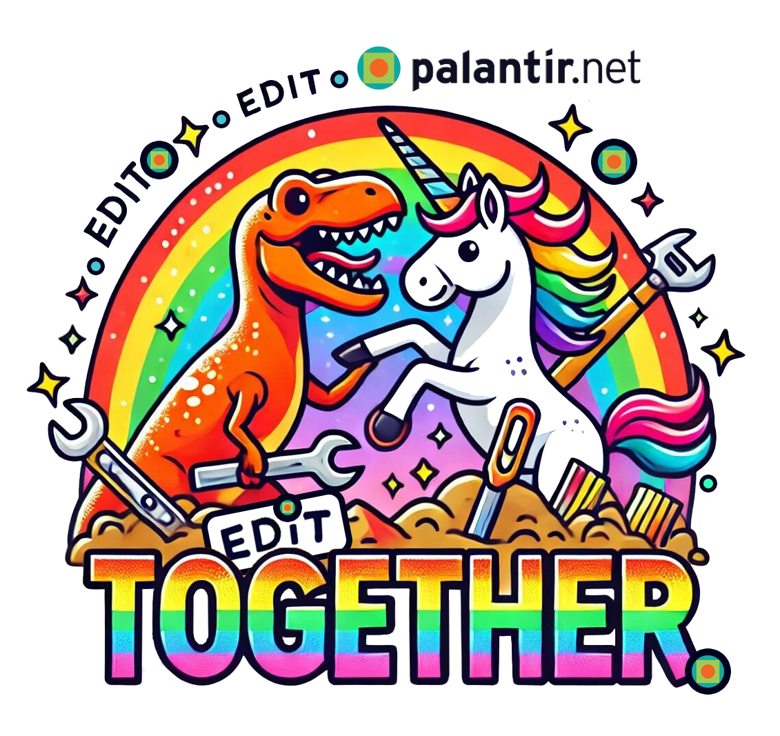 Cartoon image of a dinosaur and a unicorn with a rainbow in the background with the words Edit Together in the foreground, surrounded by the words "edit", and the Palantir.net logo and wordmark