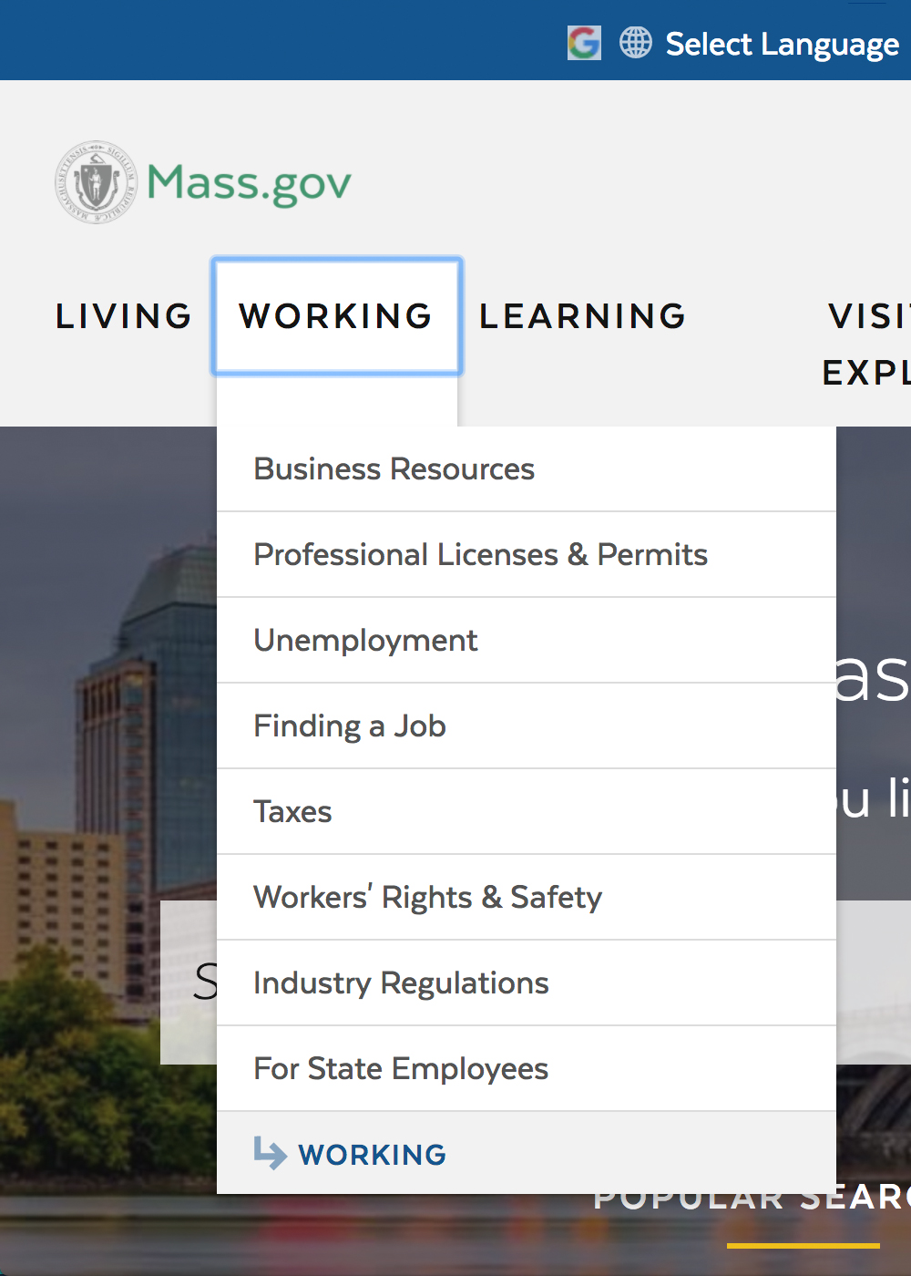 Mass.gov website navigation menu showing the “WORKING” section, with options like Business Resources, Professional Licenses & Permits, Unemployment, Finding a Job, Taxes, Workers’ Rights & Safety, Industry Regulations, and For State Employees.