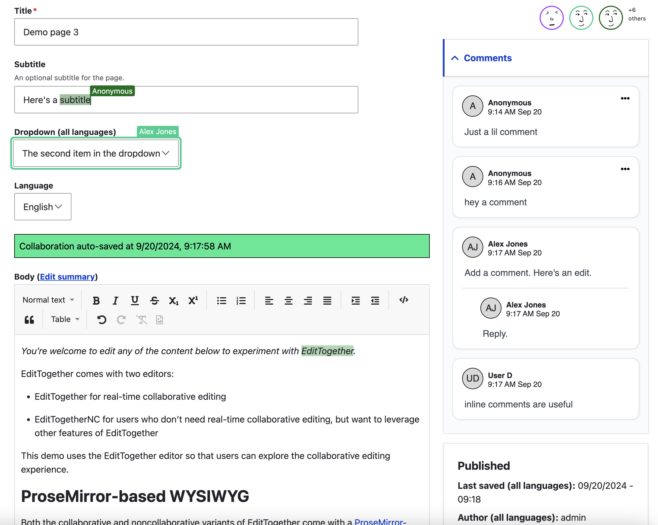 Screenshot of live collaboration on multiple fields in EditTogether